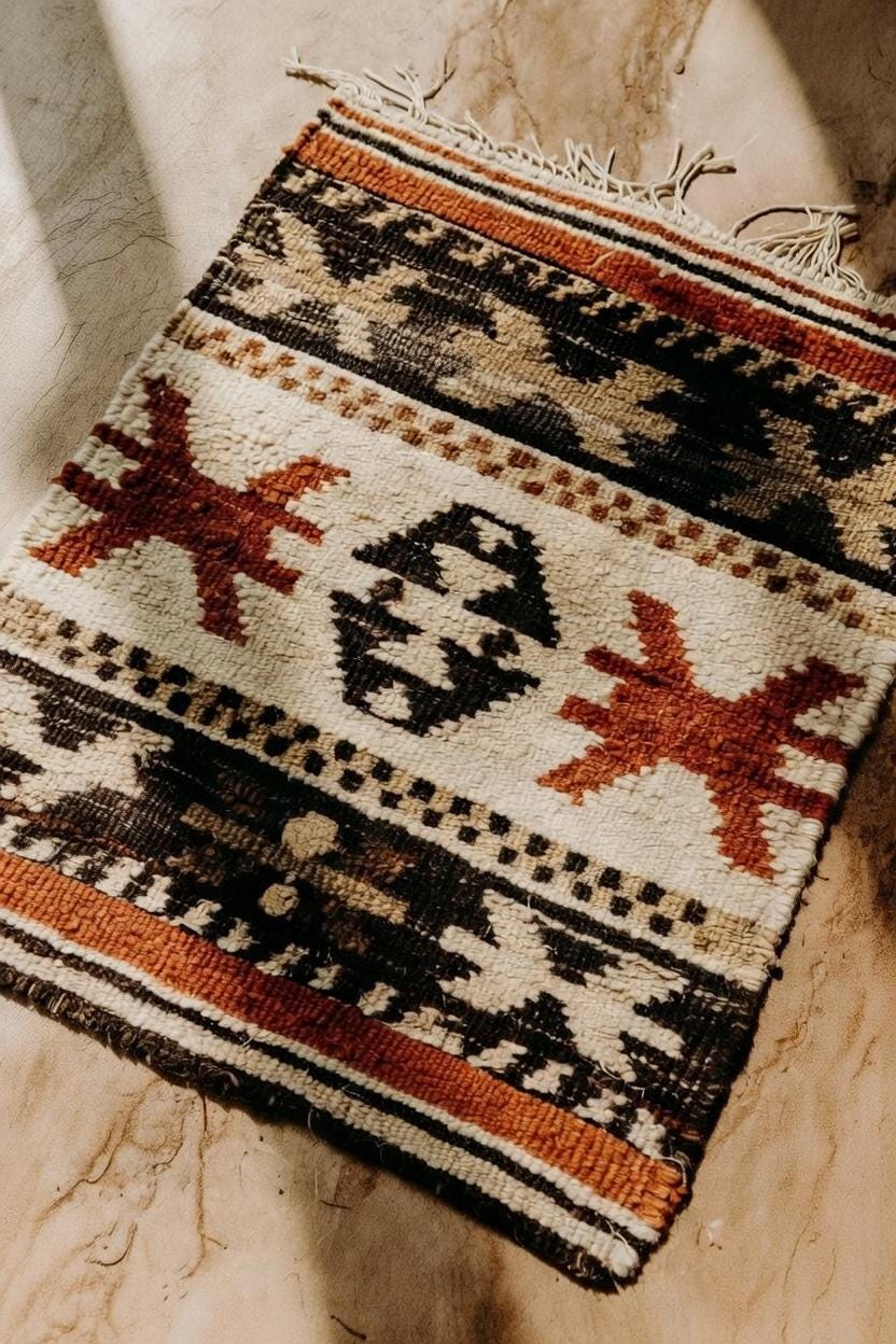 Handwoven Tribal Accent Rug – Rust, Black & Ivory, Boho Style