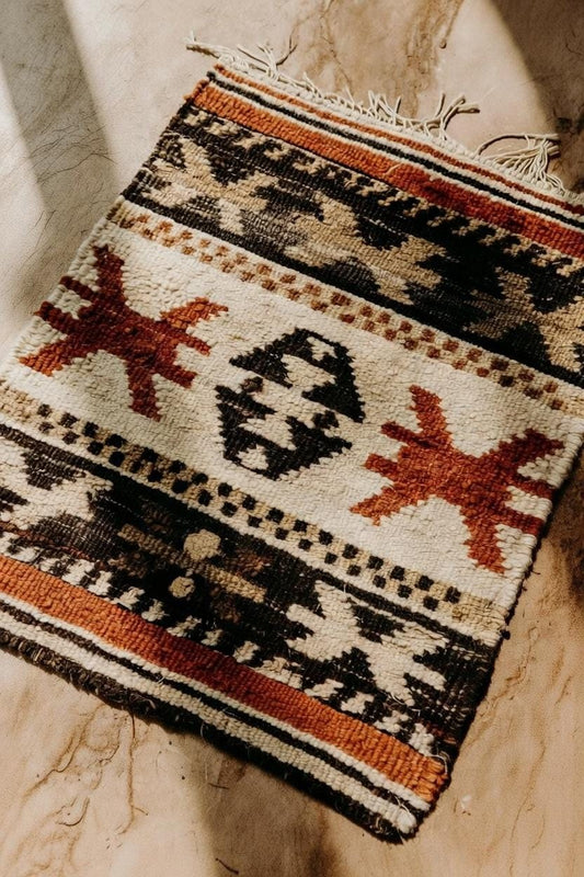 Handwoven Tribal Accent Rug – Rust, Black & Ivory, Boho Style