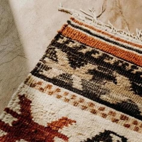 Handwoven Tribal Accent Rug – Rust, Black & Ivory, Boho Style
