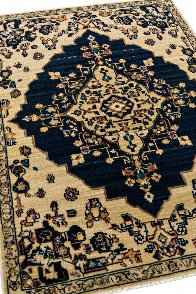 Hand Knotted Wool Area Rug - Vintage Navy Floral Medallion