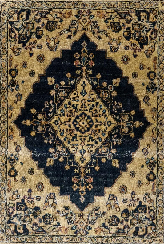 Hand Knotted Wool Area Rug - Vintage Navy Floral Medallion
