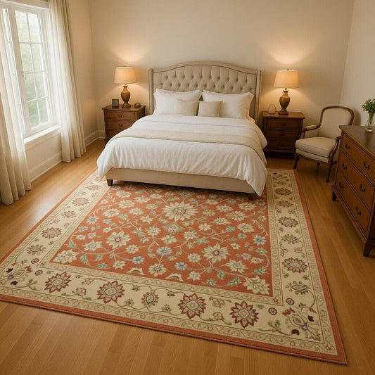 Hand Knotted Oushak Wool Rug, Terracotta Floral Turkish Carpet, Vintage Persian Oriental Rug, Boho Antique Style Area Rug, Living Room Decor