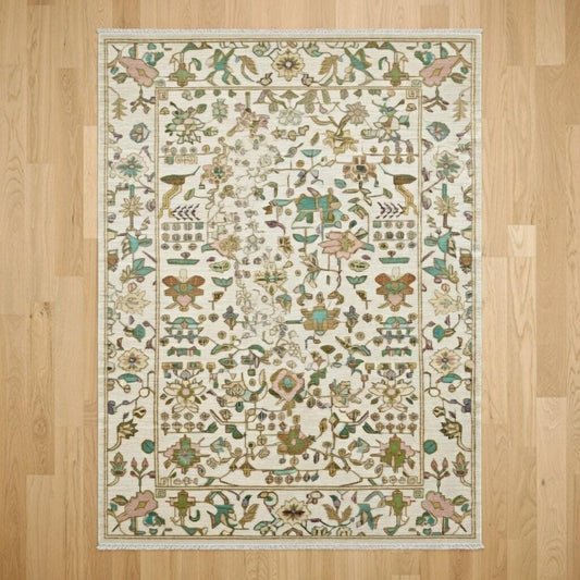 Hand Knotted Oushak Botanical Area Rug – Vintage Turkish Floral Carpet, Neutral Living Room