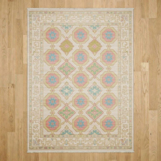 Hand Knotted Pastel Oushak Rug, Geometric Turkish Wool Area Rug, Vintage Boho Carpet, Soft Neutral Living Room Bedroom Decor, Oriental Rug