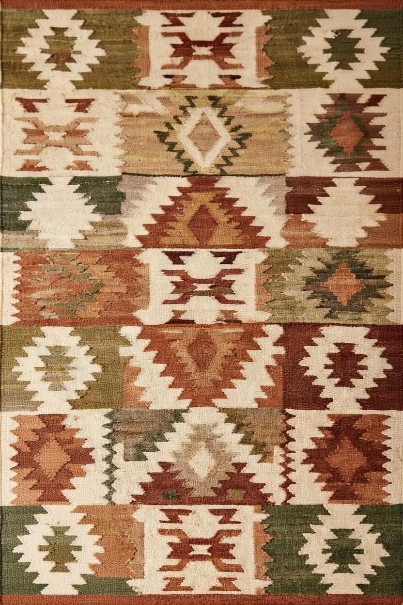 Handwoven Kilim Rug, Southwestern Geometric Cotton Wool Area Rug, Mid Century Carpet for Livingroom