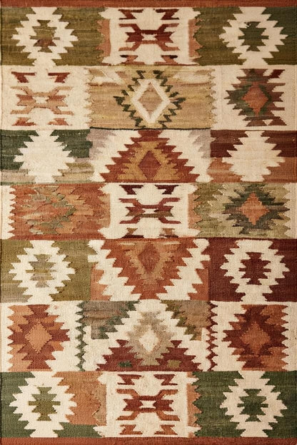 Handwoven Kilim Rug, Southwestern Geometric Cotton Wool Area Rug, Mid Century Carpet for Livingroom