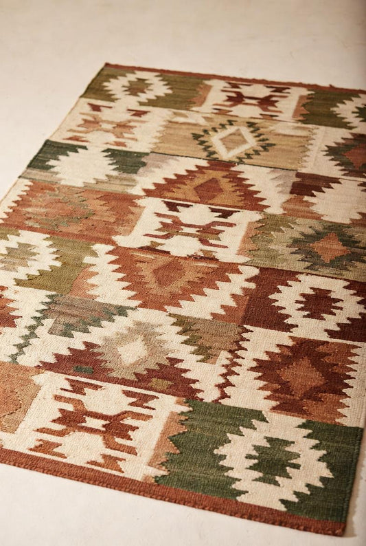 Handwoven Kilim Rug, Southwestern Geometric Cotton Wool Area Rug, Mid Century Carpet for Livingroom