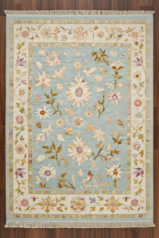 Hand Knotted Oushak, Vintage Floral Area Rug, Pastel Blue, Turkish Style Carpet, Elegant Boho Floor Decor, Soft, Durable Home Accent Rug