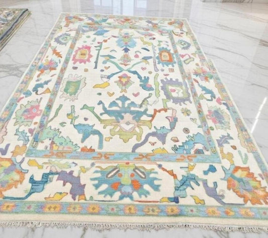 Hand Knotted Pastel Oushak Geometric Area Rug - Colorful Traditional Turkish Style Carpet Modern Vintage Living Room Rug Artistic Floral Rug