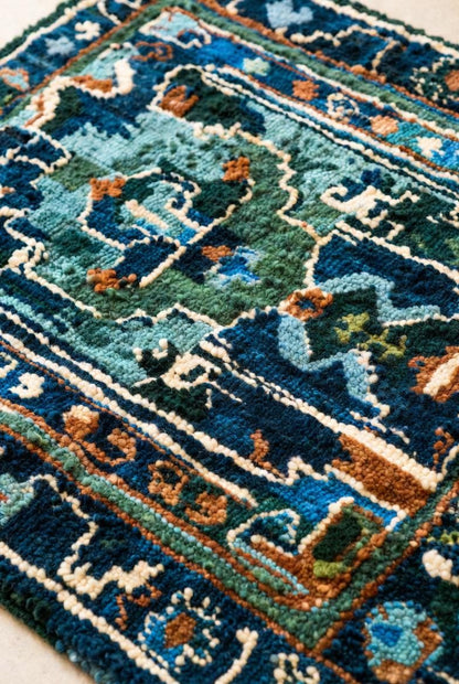 Handwoven Wool Area Rug, Teal Blue Geometric Tribal Design Carpet for Livingroom, Persian Rug