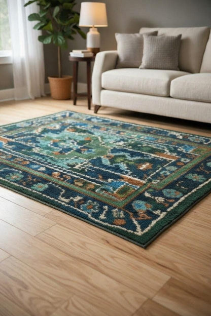 Handwoven Wool Area Rug, Teal Blue Geometric Tribal Design Carpet for Livingroom, Persian Rug