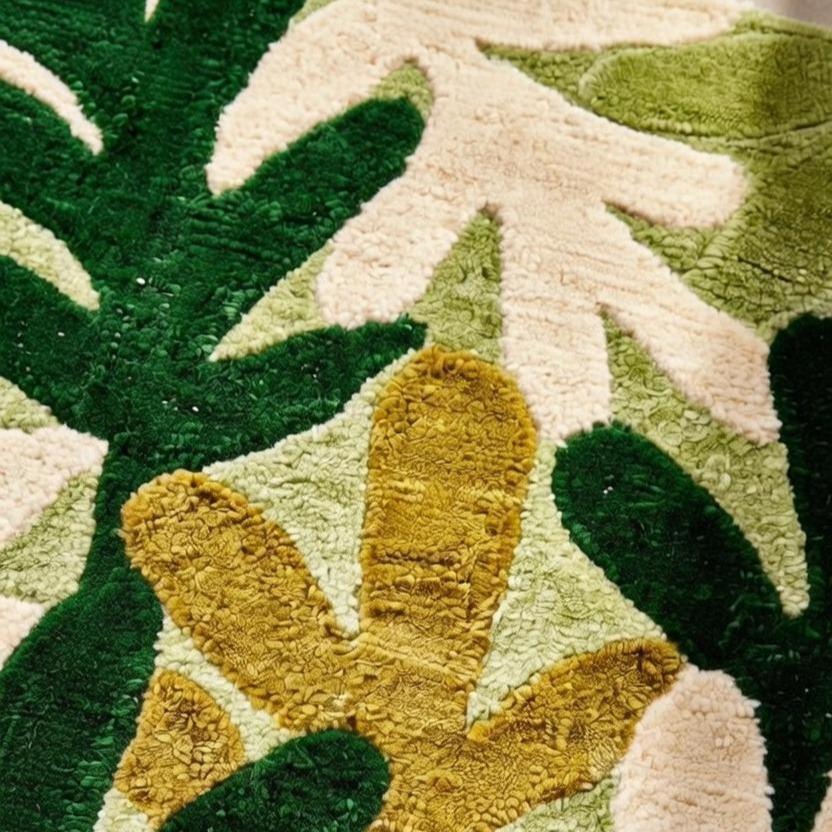 Hand Woven Botanical Rug, Green Leaf Floral, Contemporary Decor