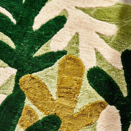 Hand Woven Botanical Rug, Green Leaf Floral, Contemporary Decor