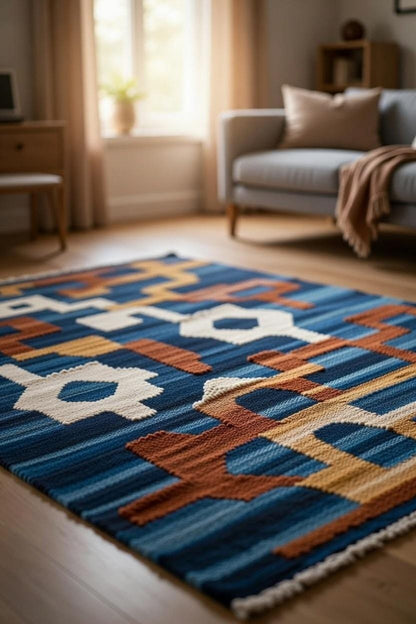 Handwoven Wool Cotton Area Rug, Tribal Geometric Design Carpet for Livingroom, Textured Artisan Rug