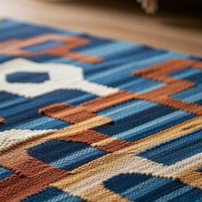 Handwoven Wool Cotton Area Rug, Tribal Geometric Design Carpet for Livingroom, Textured Artisan Rug