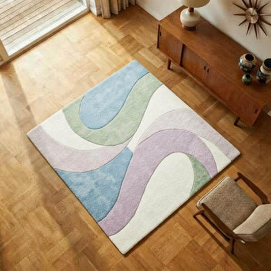 Hand Tufted Abstract Area Rug: Pastel Mid Century Geometric Organic Design