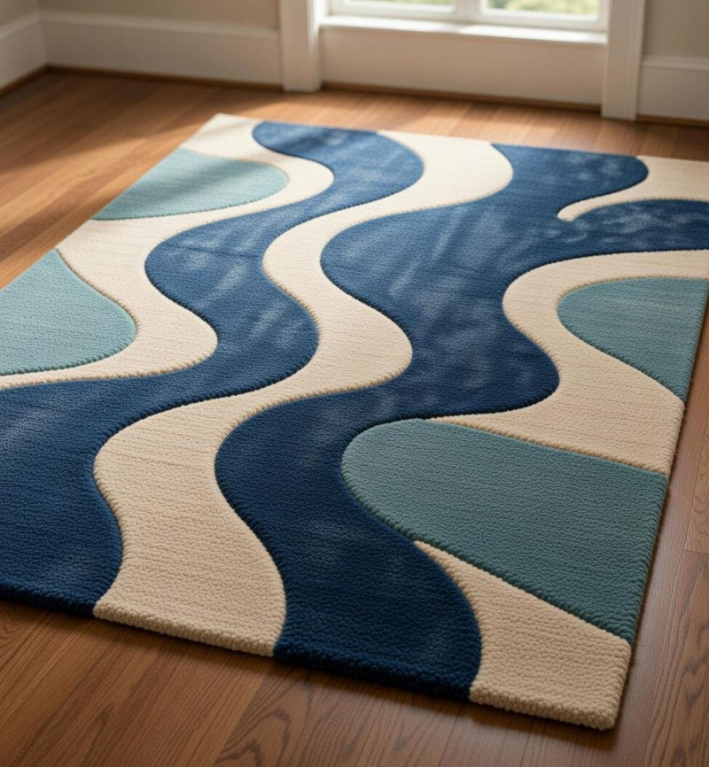 Modern Abstract Wave Area Rug – Coastal Blue Beige Plush Carpet