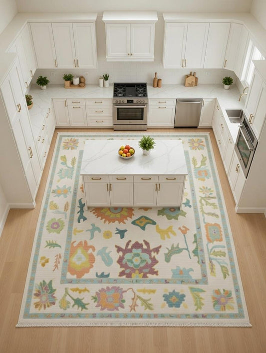 Hand Knotted Oushak Area Rug, Pastel Floral Turkish Rug, Vintage Boho Carpet, Neutral Antique Rug, Living Room Decor, Oriental Oushak Rug