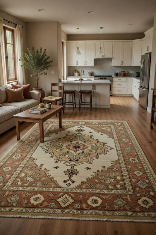 Hand Knotted Oushak Medallion Area Rug – Vintage Wool Blend Oriental Carpet