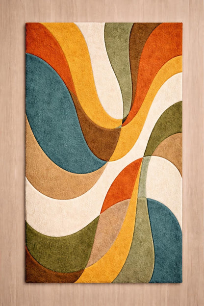 Mid Century Modern Abstract Wool Rug: Retro Geometric Wall Art Carpet