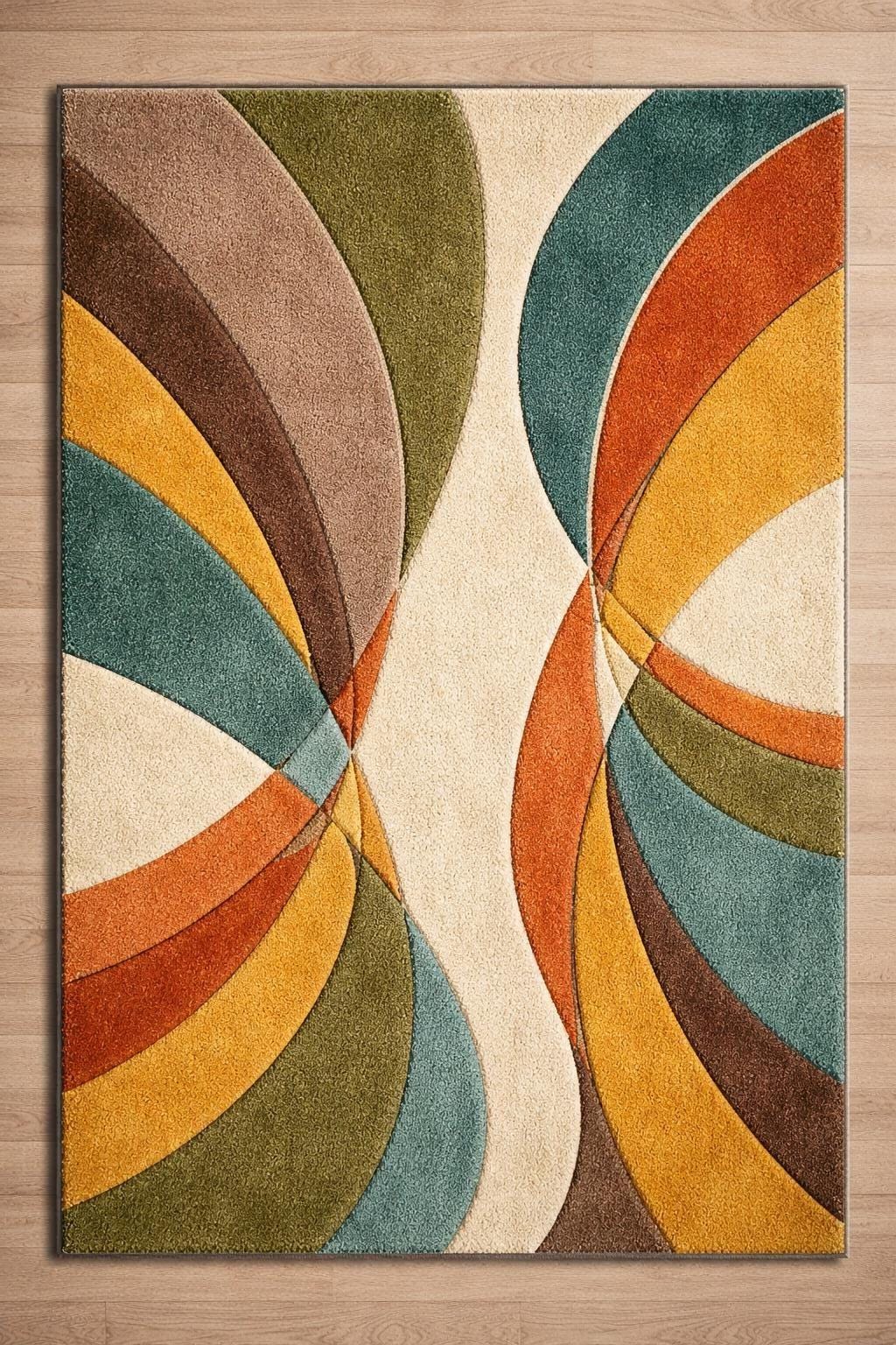 Hand-Tufted Wool Area Rug: Retro Geometric Abstract Living Room Carpet