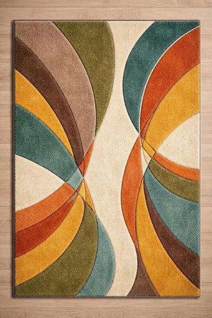 Hand-Tufted Wool Area Rug: Retro Geometric Abstract Living Room Carpet