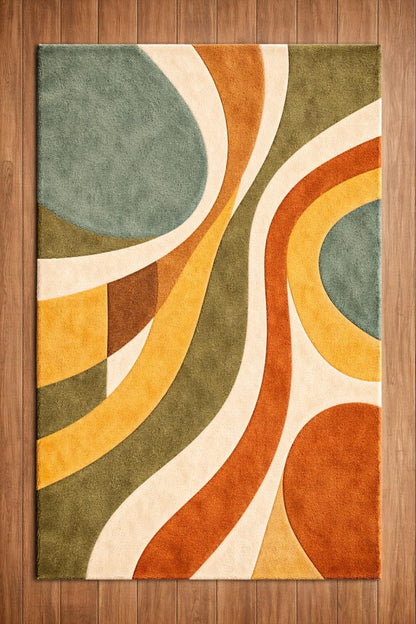 Retro Geometric Hand Tufted Wool Blend Area Rug – Mid Century Modern Boho Carpet