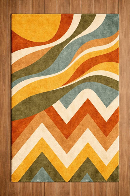 Abstract Geometric Wool Blend Area Rug – Retro Mid-Century Modern Boho Carpet