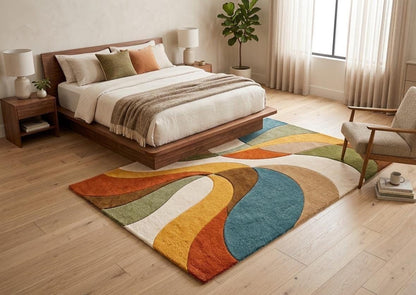 Mid Century Modern Abstract Wool Rug: Retro Geometric Wall Art Carpet