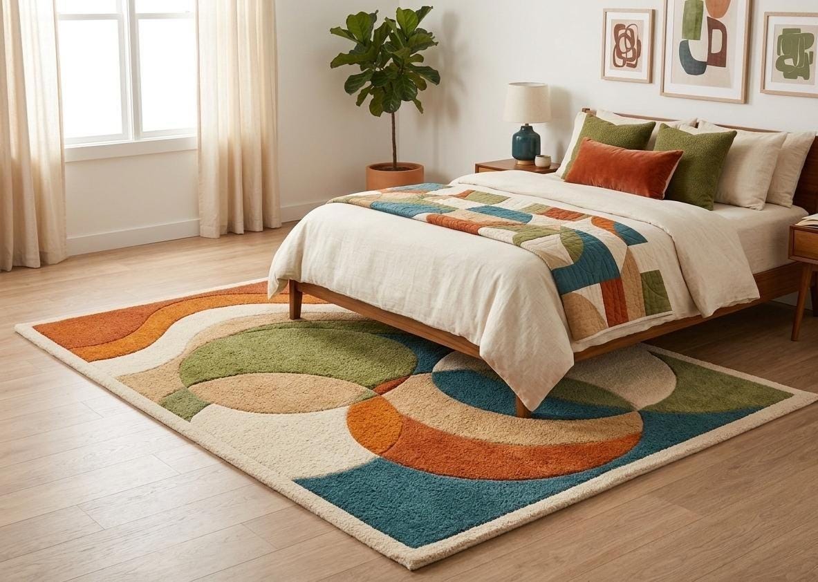 Retro Abstract Wool Blend Rug: Mid Century Modern Geometric Boho Carpet