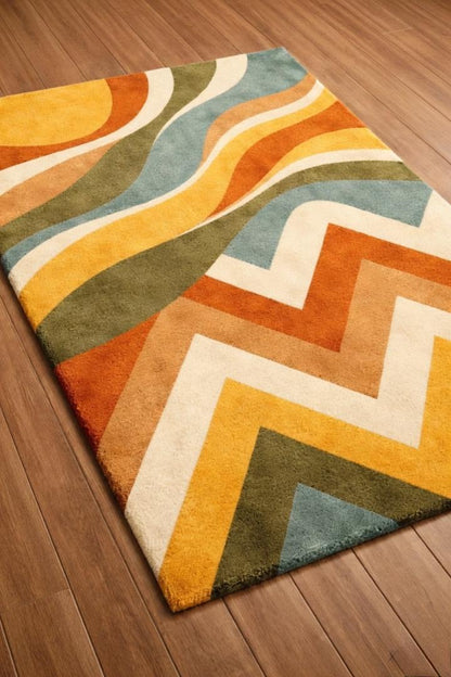 Abstract Geometric Wool Blend Area Rug – Retro Mid-Century Modern Boho Carpet