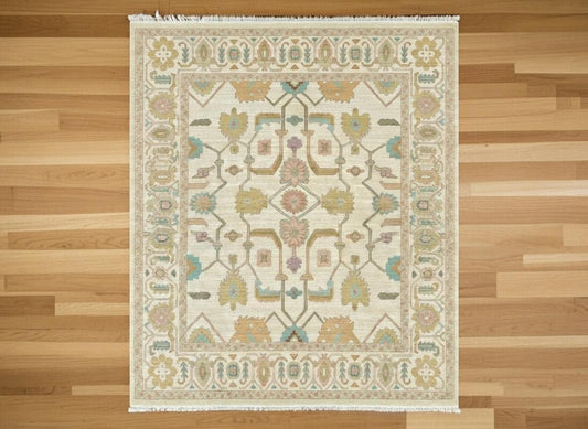 Hand Knotted Pastel Oushak Rug Vintage Turkish Floral Area Rug Ivory Blue Peach Handmade Wool Carpet Living Room Bedroom Decor Boho Style