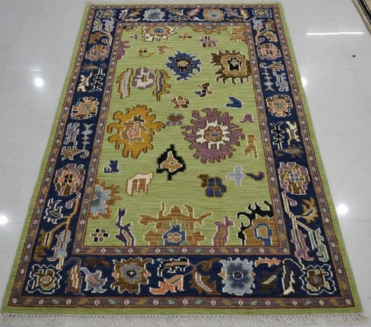 Hand Knotted Oushak Rug, Green Tribal Area Rug, Vintage Turkish Inspired Carpet, Boho Farmhouse Rug, Handmade Wool Rug, Living Room Decor