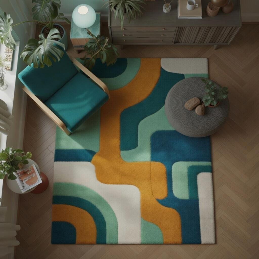 Hand Tufted Abstract Geometric Area Rug – Mid Century Modern Wool Carpet