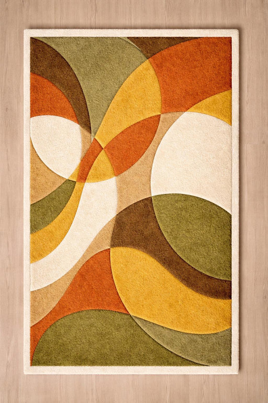 Abstract Geometric Wool Rug: Mid Century Modern Boho, Hand Tufted Living Room Floor Rug