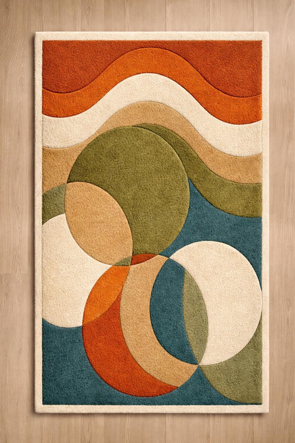 Retro Abstract Wool Blend Rug: Mid Century Modern Geometric Boho Carpet