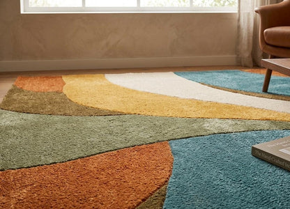 Mid Century Modern Abstract Wool Rug: Retro Geometric Wall Art Carpet