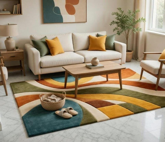 Retro Geometric Hand Tufted Wool Blend Area Rug – Mid Century Modern Boho Carpet
