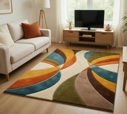 Hand-Tufted Wool Area Rug: Retro Geometric Abstract Living Room Carpet