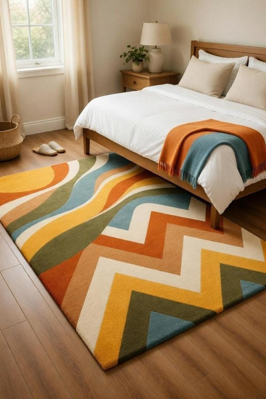 Abstract Geometric Wool Blend Area Rug – Retro Mid-Century Modern Boho Carpet