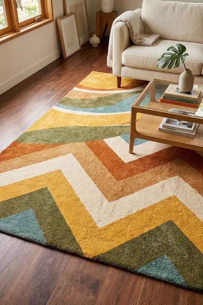Abstract Geometric Wool Blend Area Rug – Retro Mid-Century Modern Boho Carpet