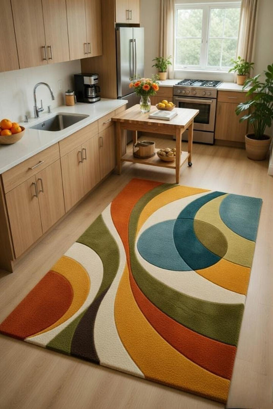 Colorful Geometric Hand Tufted Wool Blend Rug – Mid Century Modern Abstract Carpet