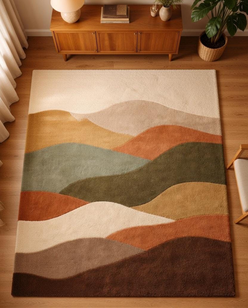 Hand Tufted Abstract Wave Area Rug, Earth Tone Modern Plush Carpet, Soft Thick Pile Living Room Rug, Geometric Scenic Design Décor