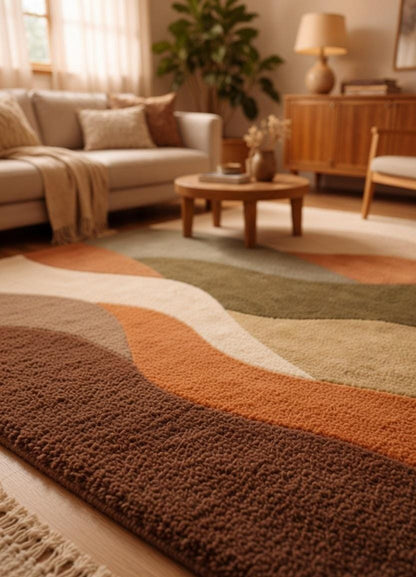 Hand Tufted Abstract Wave Area Rug, Earth Tone Modern Plush Carpet, Soft Thick Pile Living Room Rug, Geometric Scenic Design Décor