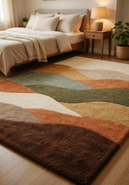 Hand Tufted Abstract Wave Area Rug, Earth Tone Modern Plush Carpet, Soft Thick Pile Living Room Rug, Geometric Scenic Design Décor