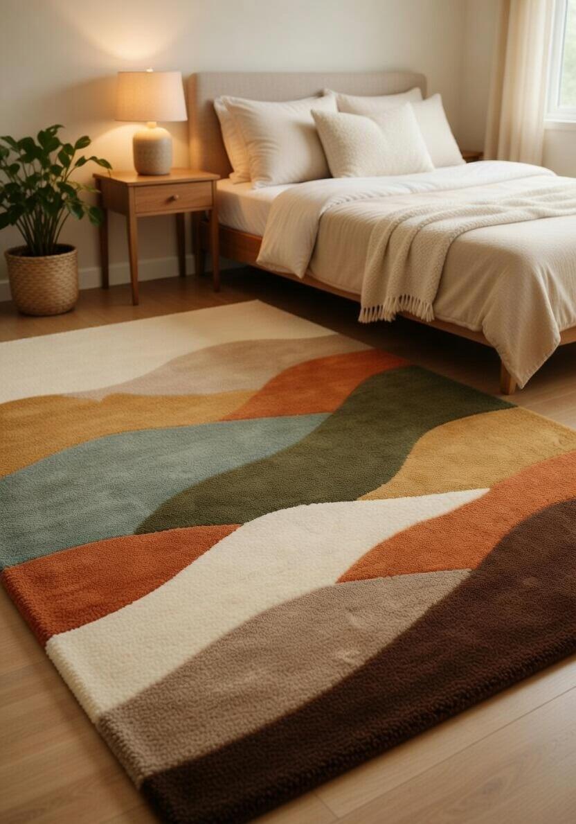 Hand Tufted Abstract Wave Area Rug, Earth Tone Modern Plush Carpet, Soft Thick Pile Living Room Rug, Geometric Scenic Design Décor