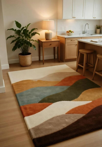 Hand Tufted Abstract Wave Area Rug, Earth Tone Modern Plush Carpet, Soft Thick Pile Living Room Rug, Geometric Scenic Design Décor